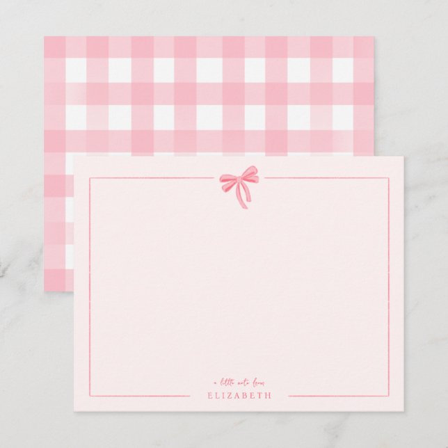 Pink Gingham Bow Baby Kids Personalised Stationery Card (Front/Back)
