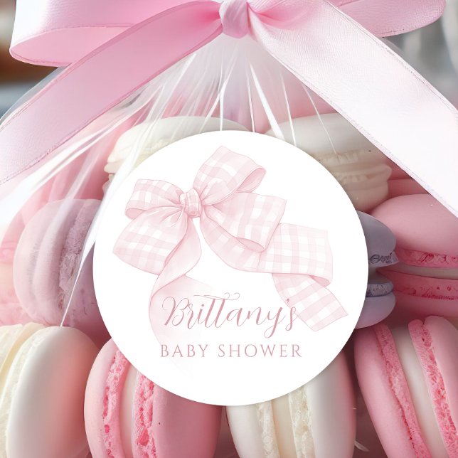 Pink Gingham Bow Baby Shower Classic Round Sticker (Creator Uploaded)
