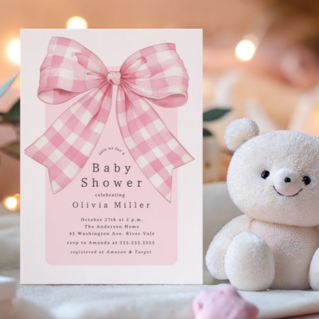 Pink Gingham Bow Baby Shower Invitation (Creator Uploaded)