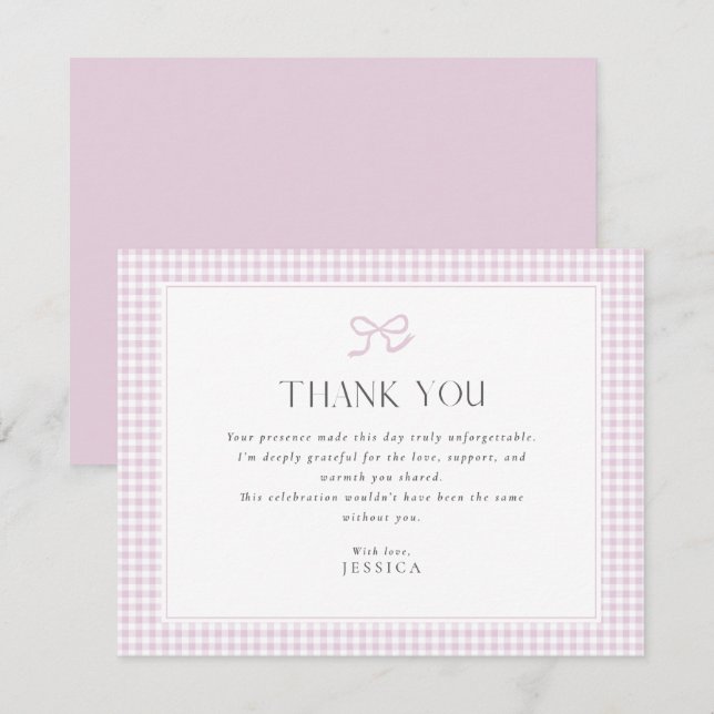 Pink Gingham Bow Baby Shower Thank You Card (Front/Back)