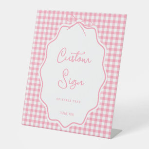 Pink Gingham Bow Barbecue BBQ Baby-Q Baby Shower Pedestal Sign