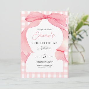 Pink Gingham Bow Birthday Invitation
