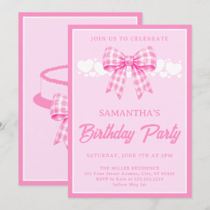 Pink Gingham Bow Birthday Party Invitation