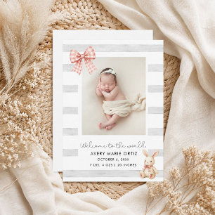 Pink Gingham Bow Bunny Photo Birth Announcement
