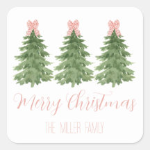 Pink Gingham Bow Christmas Tree Sticker Gift Tag
