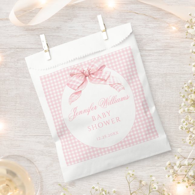 Pink Gingham Bow Coquette theme Baby Girl Shower Favour Bags (Clipped)