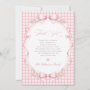 Pink Gingham Bow Floral Baby Shower Thank You Card
