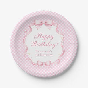Pink Gingham Bow Girl 1st Birthday Party Paper Plate