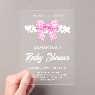 Pink Gingham Bow Girl Baby Shower Acrylic Invitations