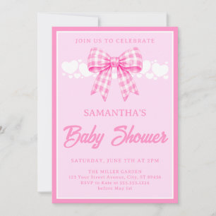 Pink Gingham Bow Girl Baby Shower Invitation