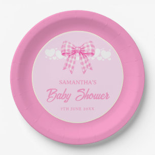 Pink Gingham Bow Girl Baby Shower Paper Plate