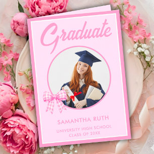 Pink Gingham Bow Graduate Photo Graduation  Card