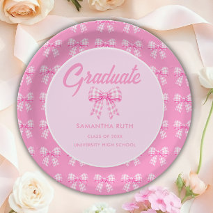 Pink Gingham Bow Graduation Party Paper Plate