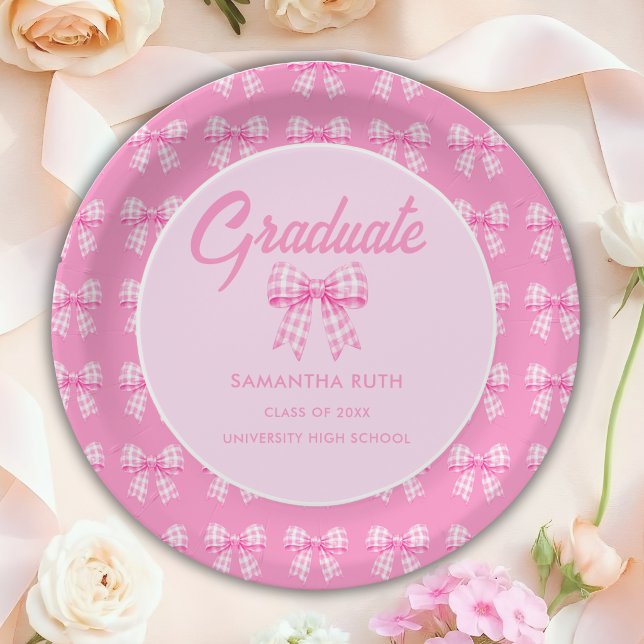 Pink Gingham Bow Graduation Party Paper Plate (Creator Uploaded)