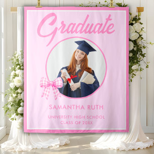Pink Gingham Bow Photo Graduation Party Backdrop Tapestry