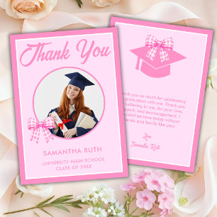 Pink Gingham Bow Photo Graduation Thank You Card