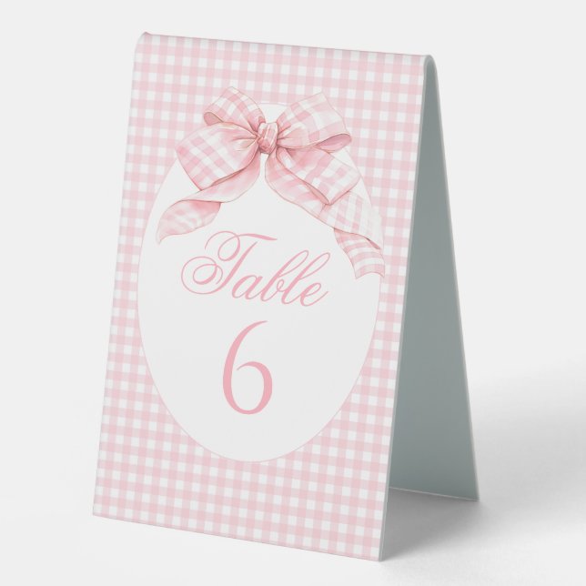 Pink Gingham Bow Preppy Baby Girl Table Numbers (Front)