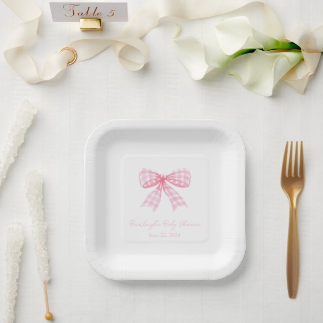 Pink Gingham Bow Ribbon Coquette Personalised Paper Plate (Wedding)