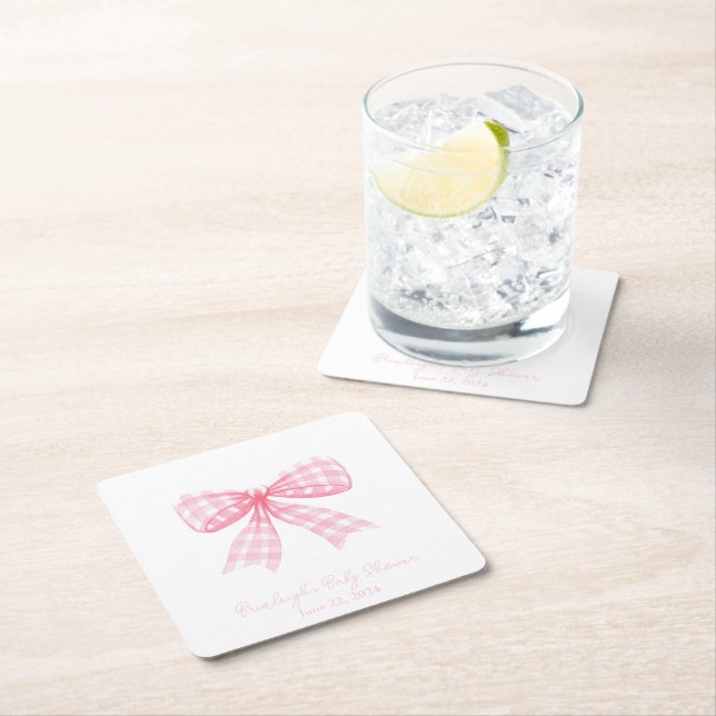 Pink Gingham Bow Ribbon Coquette Personalised Square Paper Coaster (Insitu)