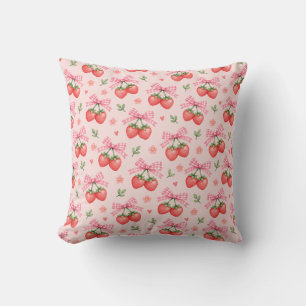 Pink Gingham Bow Strawberry Floral Pattern Cushion
