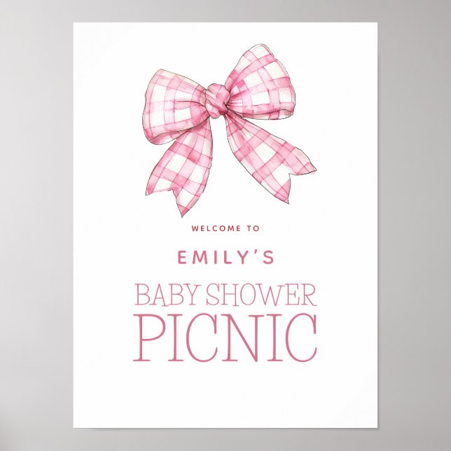 Pink Gingham Bow Welcome Baby Shower Picnic Poster (Front)