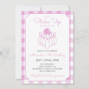 Pink Gingham Bowling Birthday Party Invitation