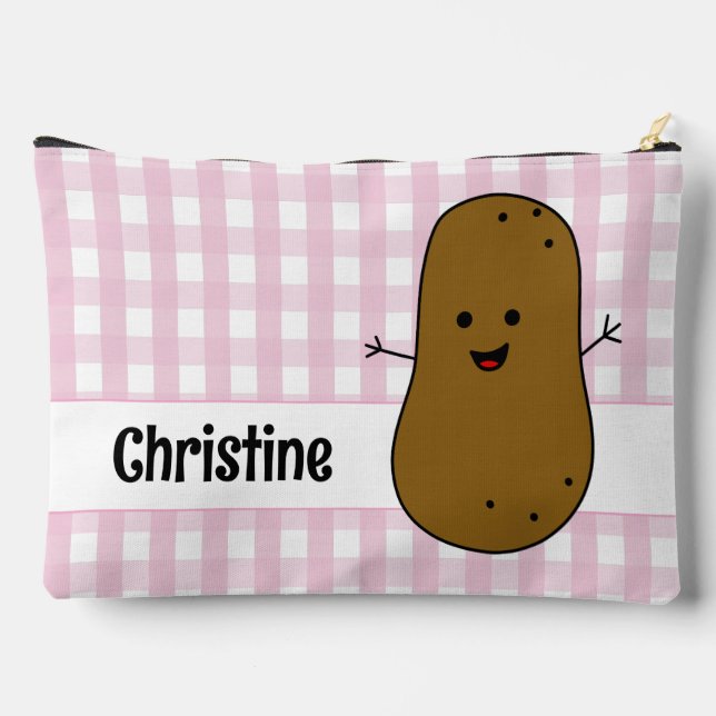 Pink Gingham Brown Potato Custom Accessory Pouch (Back)