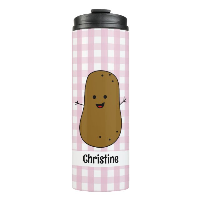 Pink Gingham Brown Potato Custom Thermal Tumbler (Front)