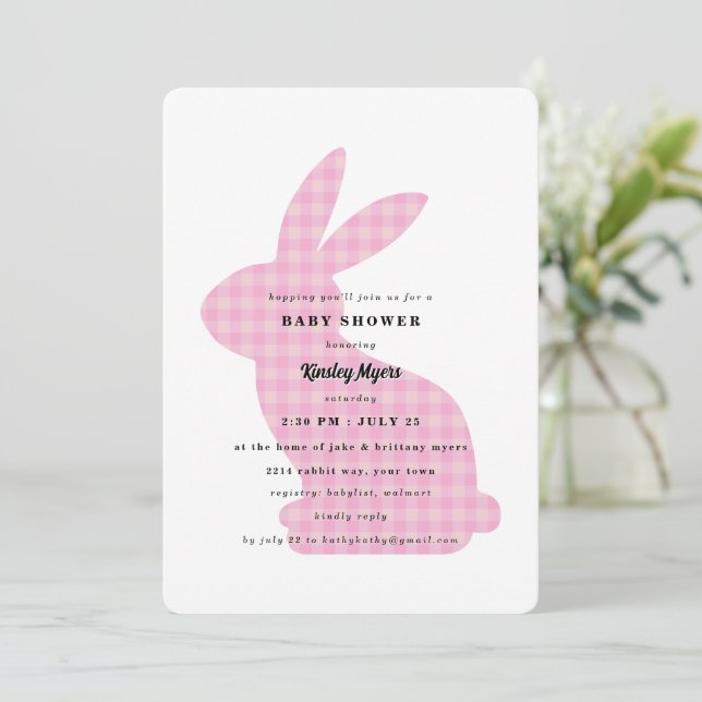 Pink Gingham Bunny Baby Shower Invitation (Standing Front)