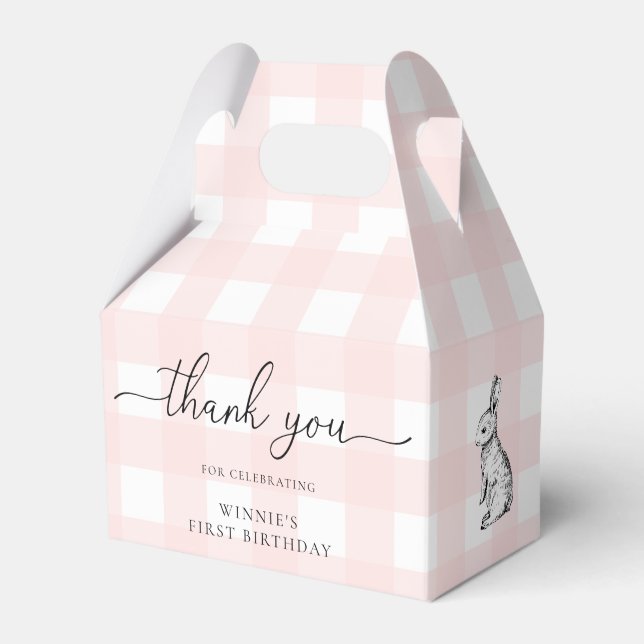 Pink Gingham Bunny Birthday Thank You Favour Box (Front Side)