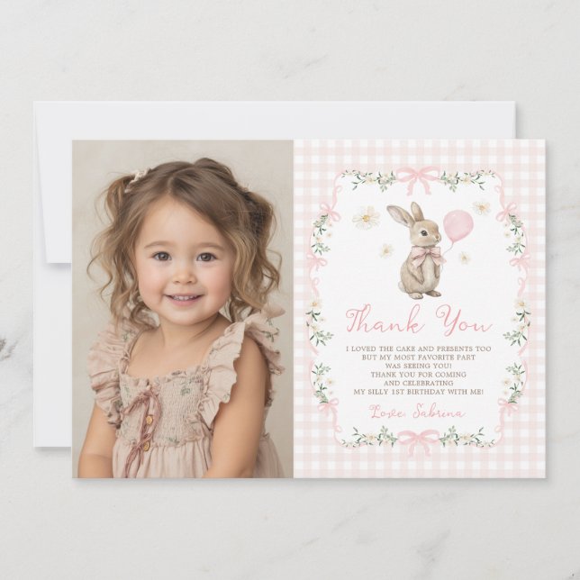 Pink Gingham Bunny Bow Girl Birthday Photo Thank You Card (Front)