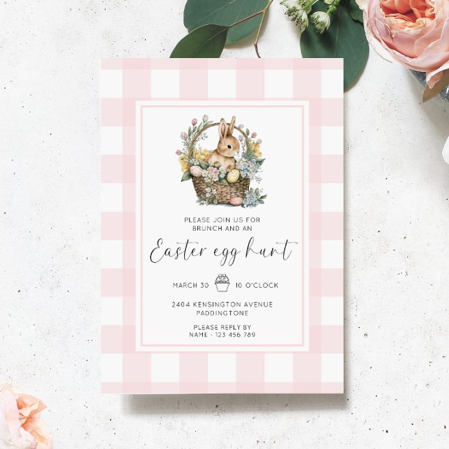 Pink Gingham Bunny Easter Egg Hunt Invitation (Easter Egg Hunt Invitation Gingham )