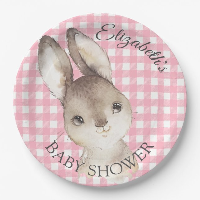 Pink Gingham Bunny Rabbit Baby Shower Paper Plate (Front)