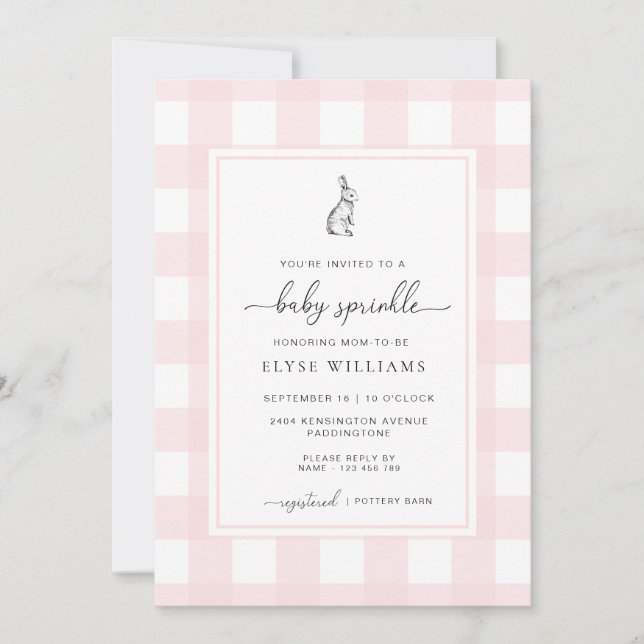 Pink Gingham Bunny Rabbit Baby Sprinkle Invitation (Front)