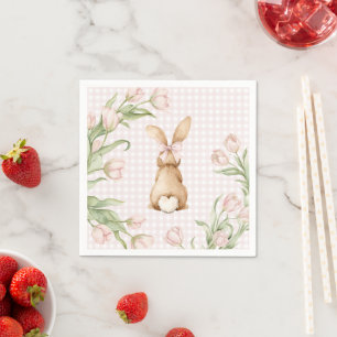 Pink Gingham Bunny Rabbit Tulips Floral Napkin