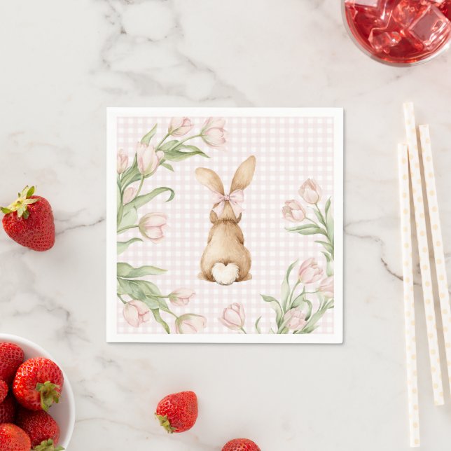 Pink Gingham Bunny Rabbit Tulips Floral  Napkin (Insitu)