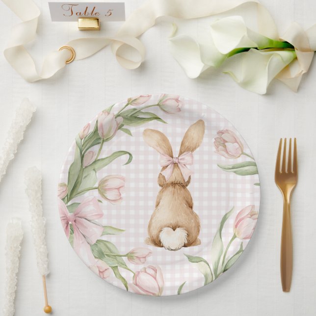 Pink Gingham Bunny Rabbit Tulips Floral  Paper Plate (Wedding)