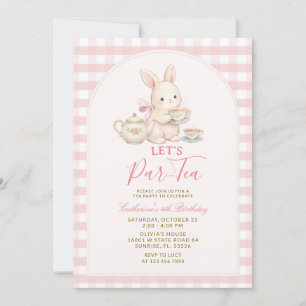 Pink Gingham Bunny Tea Party Birthday Invitation