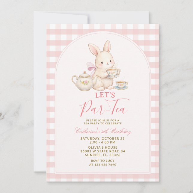 Pink Gingham Bunny Tea Party Birthday Invitation (Front)