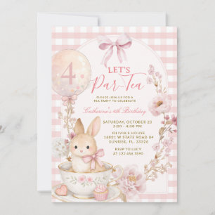 Pink Gingham Bunny Tea Party Girl Birthday  Invitation