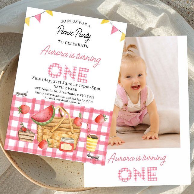 Pink Gingham Bunting Photo Picnic 1st Birthday  Invitation (Girls Pink Gingham Picnic Party 1st Birthday Invitation With Photo, Picnic First Birthday Invite)