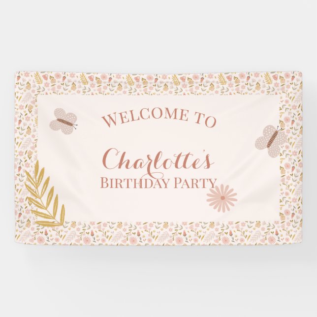 Pink Gingham Butterfly Wildflowers Banner (Horizontal)
