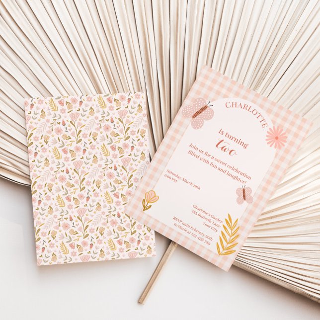 Pink Gingham Butterfly with Flowers Birthday Invitation (Creator Uploaded)