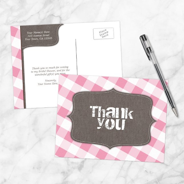 Pink Gingham Canvas Thank You Postcards (Creator Uploaded)