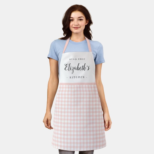 Pink gingham check adult personalised cooking apron (Worn)
