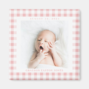 Pink Gingham Check Baby Birthdate Magnet