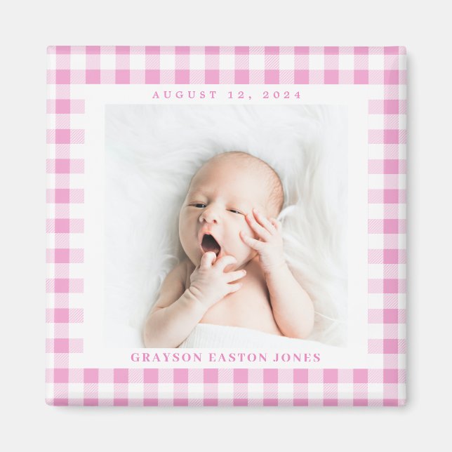 Pink Gingham Check Baby Birthdate Magnet (Front)