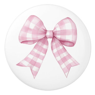 Pink Gingham Check Bow Ceramic Knob