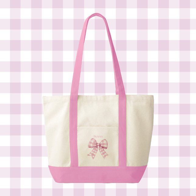 Pink Gingham Check Bow Coquette Contrast Trim Tote Bag (pink gingham check monogram tote bag)