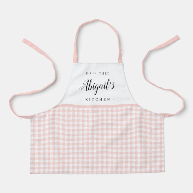 Pink gingham check children's personalised cooking apron (Front)